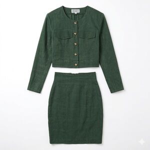 Vintage Hooch & Hoofer Olive Green Linen Skirt Suit Set Cropped Jacket Size 38